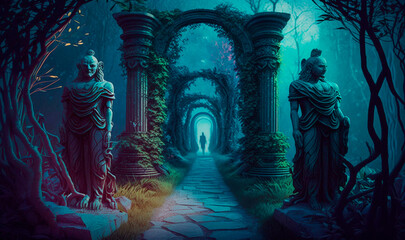 Mythical statues on abandoned road background. Path to ancient temple with 3d generative AI twilight arches of plants and flowers with destroyed stone mythical deities