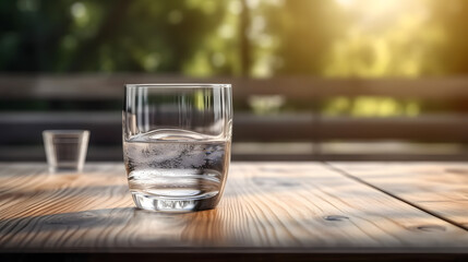 glass of mineral water over a wooden bench, generative ai - obrazy, fototapety, plakaty