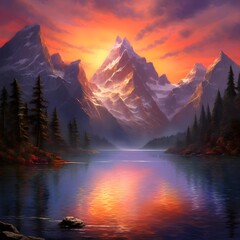 Fototapeta na wymiar Painting that captures the serenity of a mountain lake reflecting the towering peaks.
