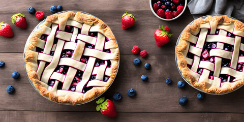 Fresh Mixed Berry Tart with Blueberries, Raspberries, and Strawberries on a Wooden Surface, top view, generative ai 