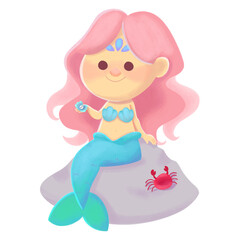 Mermaid with a happy shell magical illustration