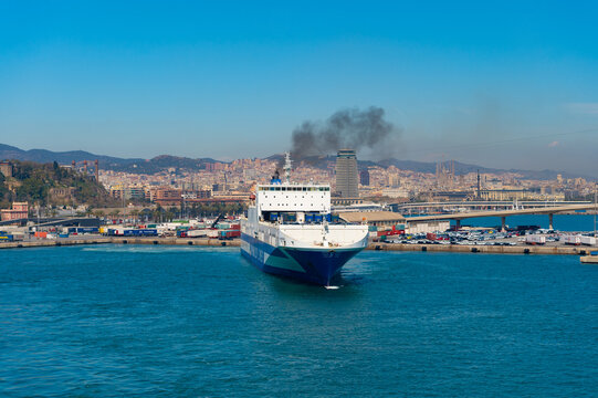 Barcelona, Spain - March 30, 2016: grimaldi cargo ship transport at the harbor