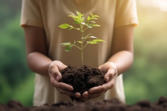 Planting trees on world environment day. Hands of were planting seedling on soil. Bokeh green background female hand holding tree on nature field grass forest conservation concept. Generative Ai