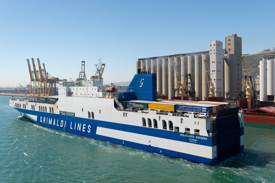 Barcelona, Spain - March 30, 2016: grimaldi cargo ship transport, side view