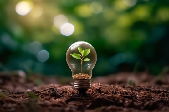 Idea of renewable energy and energy saving. Energy saving light bulb and tree growing on the ground on bokeh nature background. Saving, accounting and financial concept. Generative Ai