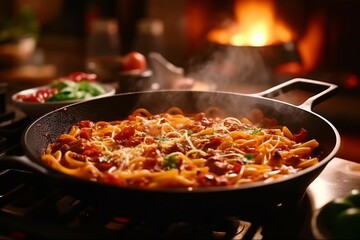 Pasta Bolognese in the skillet at the black table. Traditional Italian food generative AI