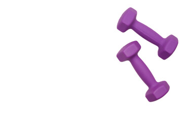 Two rubberized dumbbells 2 kg in purple color isolated on white. Sports training, fitness, sports equipment. Copy space.