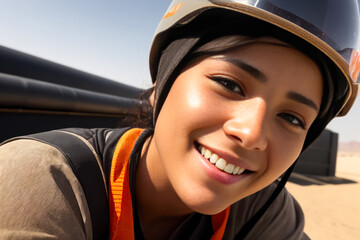 Fototapeta premium Portrait of the female oil worker in an orange vest, desert oil rig background. Generative AI