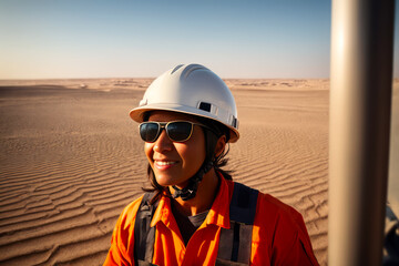 Portrait of the female oil worker in an orange vest, desert oil rig background. Generative AI