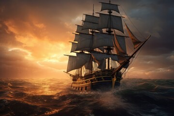 Fototapeta premium ship_sailing_in_the_ocean_at_sunset