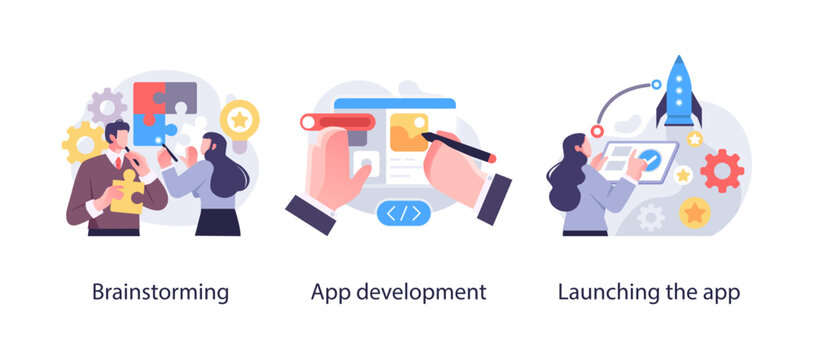 Programming Illustration Set. Different characters working on web and application development on computers. Software developers. Flat vector style illustrations.