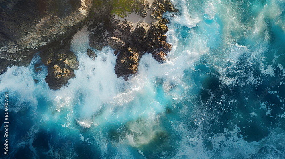 Wall mural aerial top view of sea and rocks, ocean blue waves crashing on shore, generative ai