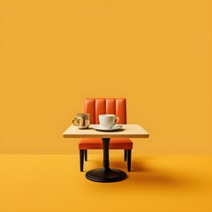 table and chairs in a cafe against an orange wall