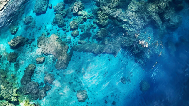 Aerial top view of sea and coral reefs, coastal blue water of ocean, generative AI