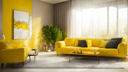 A beautifully furnished living room with a cozy and stylish interior. - obrazy, fototapety, plakaty