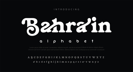Fototapeta Bahrain modern alphabet. Dropped stunning font, type for futuristic logo, headline, creative lettering and maxi typography. Minimal style letters with yellow spot. Vector typographic design obraz