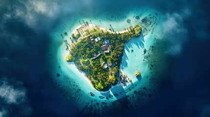 Aerial top view of tropical island surrounded by blue water in sea, generative AI.