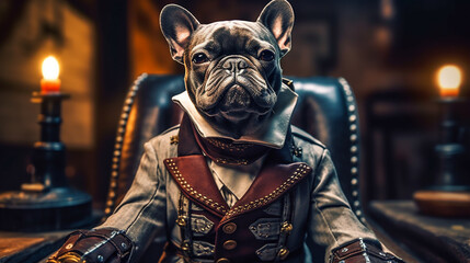 Obraz premium Generative AI. A gentleman French Bulldog, wearing a steampunk suit with a war helmet is sitting in the war hammer