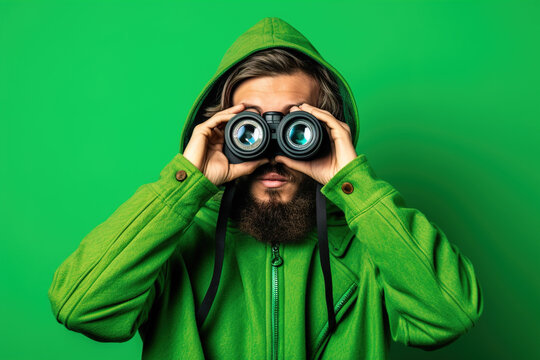 Bearded man looking through binoculars, male person is watching, generative AI.