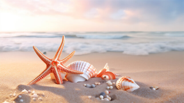 Summer Paradise: Starfish and Seashells Wallpaper Description: Enjoy the beauty and warmth of summer with this vibrant wallpaper of starfish and seashells on golden sand and blue sky. 