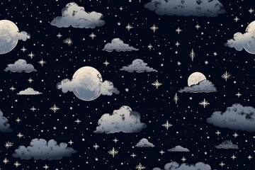 Night sky pattern with stars, moon and clouds in blue sky, night sky background, ornament. Graphic resource, texture, background.