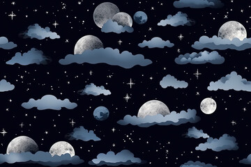 Night sky pattern with stars, moon and clouds in blue sky, night sky background, ornament. Graphic resource, texture, background.