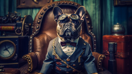 Generative AI. A gentleman French Bulldog, wearing a steampunk suit with a war helmet is sitting in the war hammer