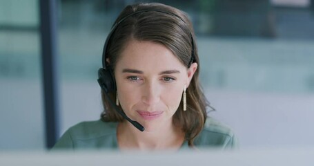 Call center woman, talk and happy in office with consulting, advice or smile for telemarketing job. Agent girl, crm and voip communication with mic, customer service or technical support in workplace - Powered by Adobe
