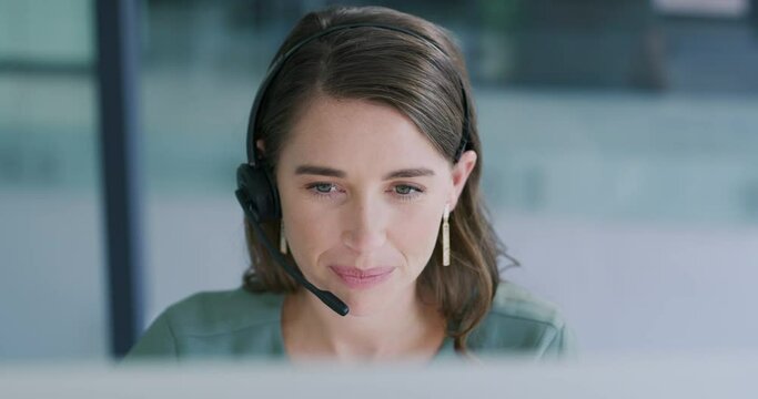 Call center woman, talk and happy in office with consulting, advice or smile for telemarketing job. Agent girl, crm and voip communication with mic, customer service or technical support in workplace