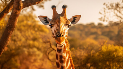 Naklejki  giraffe photography with foliage generative AI