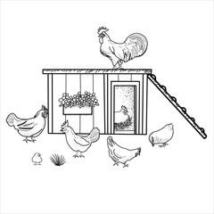 Happy chicken clipart. Farm Animals, Rooster, Hen, Bio Eggs, Coop, Chicks, Nest, Eco Village. Isolated elements. Stock illustration. Hand painted line art, vector.