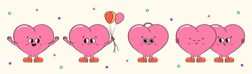 Groovy heart characters in retro style. Hearts for heart and valentine's day. Clockwork characters in different poses. Vector illustration in y2k style.