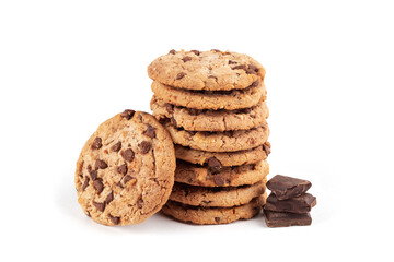 Chocolate chip cookies isolated on white background.