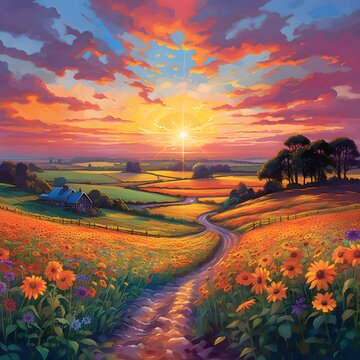 Vibrant colors of a sunset over a rolling countryside, with fields of wildflowers in full bloom with ocean on horisont