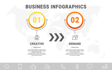 Vector infographics with 2 circles. Modern concept graphic process template with two steps and icons. Timeline for the business project on white background for app, chart, web, diagram