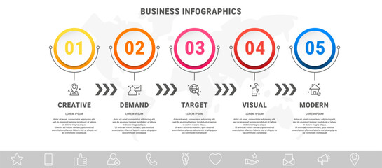 Vector infographics with 5 circles. Modern concept graphic process template with five steps and icons. Timeline for the business project on white background for app, chart, web, diagram