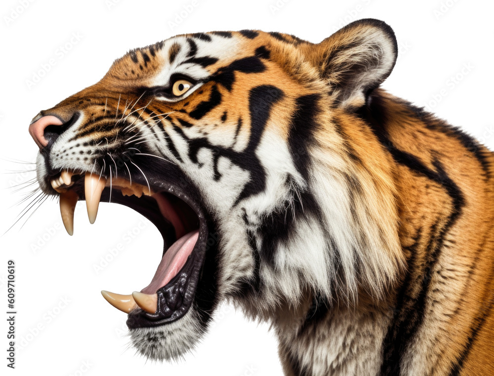 Wall mural angry tiger side view face shot isolated on transparent background - generative ai