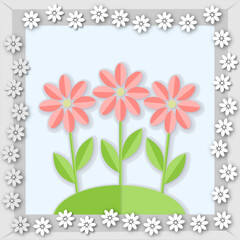 greeting card with paper flowers in a frame, paper cut out effect. vector graphics for background