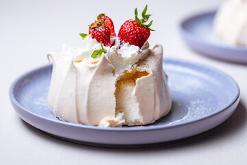 Two small pavlova cakes from meringue decorated with fresh strawberries on a pink plate. Bright scene with flowers as decoration.