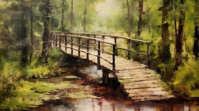 A paint of a wooden bridge over a river ai generative