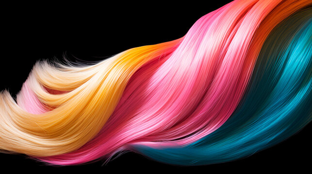 Different pink orange hair wavy strand. Isolated on black background. Shiny haircare style shampoo beautiful smooth colored hair close up photo