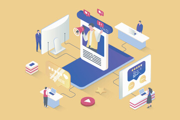Blogging concept in 3d isometric design. Blogger creating new content in social media, posting and sharing to followers, makes promotion. Vector illustration with isometry people scene for web graphic