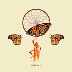 Dream catcher, feathers, monarch butterflies. Vector illustration. Design element for covers, greeting cards, summer banners, wedding invitations.