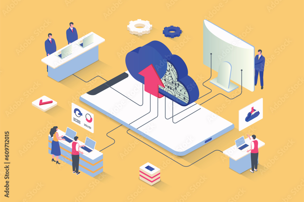 Leinwandbilder Cloud computing concept in 3d isometric design. Network computing technology, data storage and upload, secure access to database server. Vector illustration with isometry people scene for web graphic
