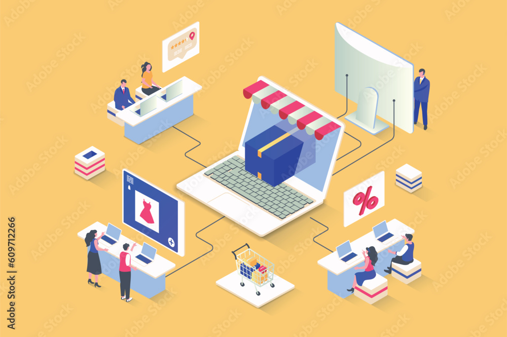 Poster discount of goods concept in 3d isometric design. attracting new customers with promotions in store,