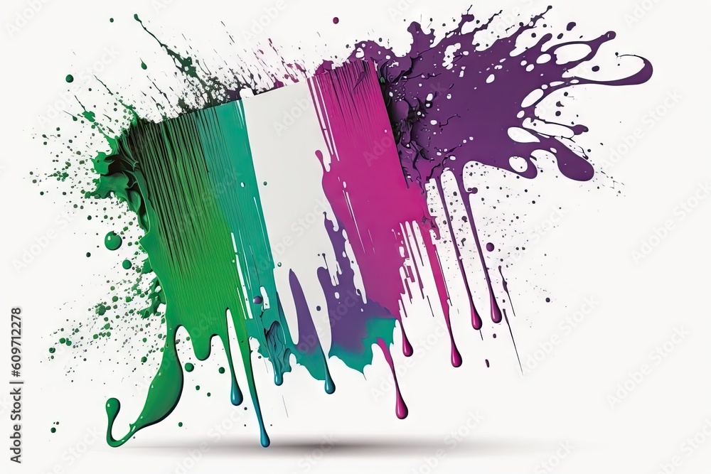 Poster multicolored splashes and streaks of paint that drips from a large stain