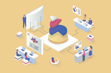 Data analysis concept in 3d isometric design. Studying chart, researching statistics for financial reports and creating new strategy. Vector illustration with isometry people scene for web graphic
