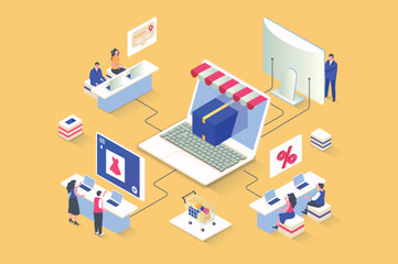 Discount of goods concept in 3d isometric design. Attracting new customers with promotions in store, bargain online shopping and gifts. Vector illustration with isometry people scene for web graphic