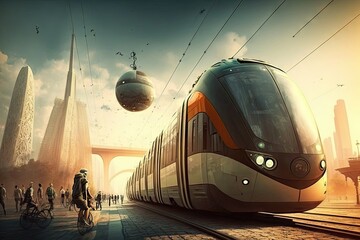 Fototapeta na wymiar The high-speed train of the future in the city