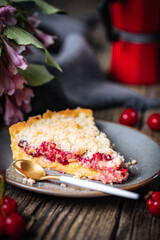 Tart with sour cherry creme, creme patisserie and crumbs, served with vanilla ice cream. Rustic and moody atmosphere and decoration. 
